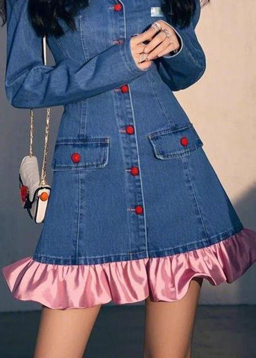Original Design Blue Fall Wrinkled Denim Dress Mid Patchwork FashionChic