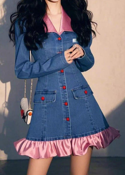 Original Design Blue Fall Wrinkled Denim Dress Mid Patchwork FashionChic