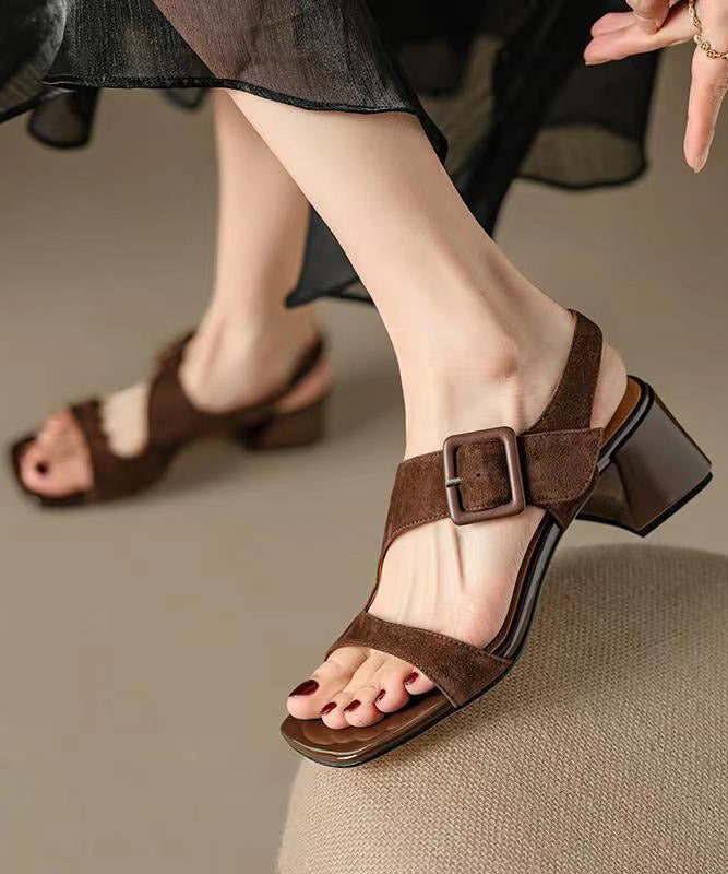 Original Design Brown Cowhide Leather Hollow Out Chunky Heel Sandals JJ081 Shoe-LX240609