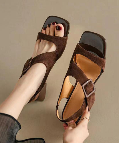 Original Design Brown Cowhide Leather Hollow Out Chunky Heel Sandals JJ081 Shoe-LX240609