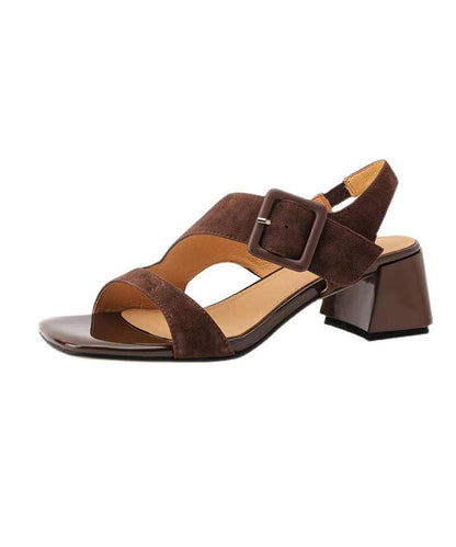 Original Design Brown Cowhide Leather Hollow Out Chunky Heel Sandals JJ081 Shoe-LX240609