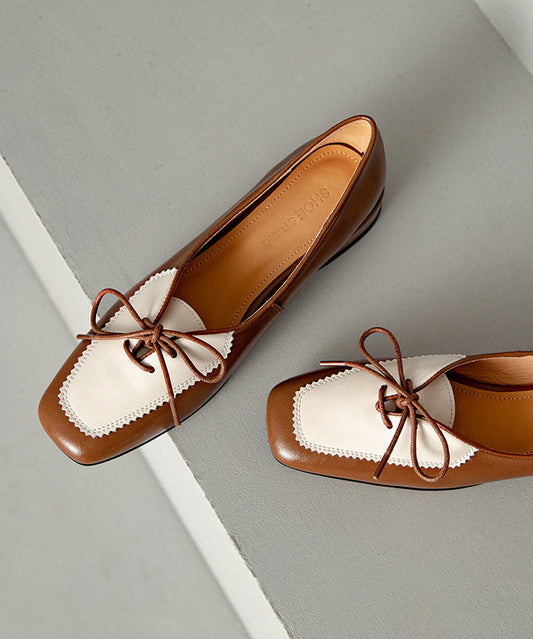 Original Cowhide Splicing Up Flats Leather Design Lace Brown FashionChic