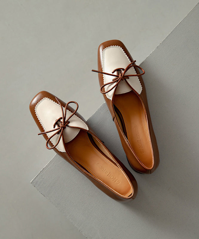 Original Cowhide Splicing Up Flats Leather Design Lace Brown FashionChic