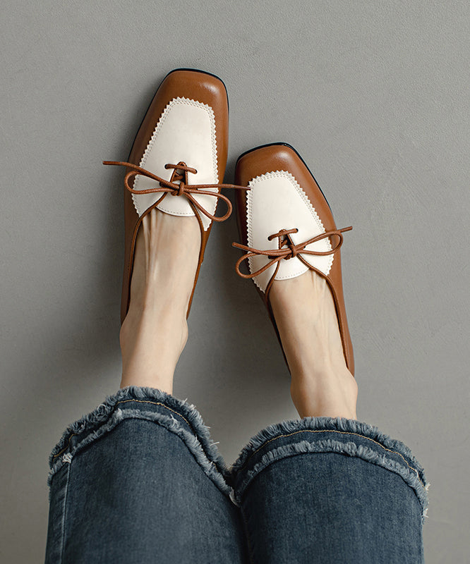 Original Cowhide Splicing Up Flats Leather Design Lace Brown FashionChic