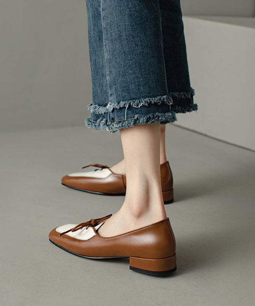 Original Cowhide Splicing Up Flats Leather Design Lace Brown FashionChic