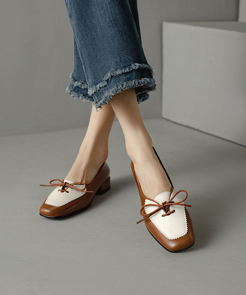 Original Cowhide Splicing Up Flats Leather Design Lace Brown FashionChic