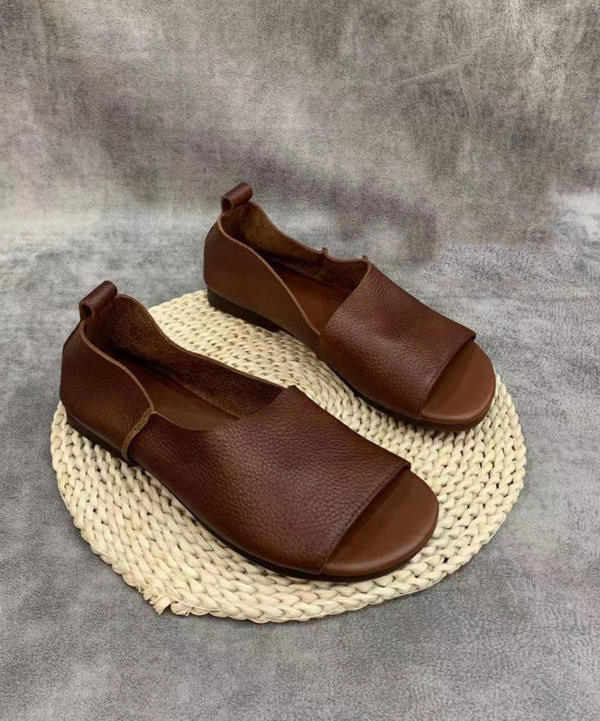 Original Design Brown Cowhide Leather Walking Sandals Peep Toe RT1027 Ada Fashion