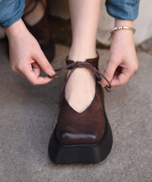 Design Original Platform Coffee Leather Cowhide Lace Shoes Up FashionChic