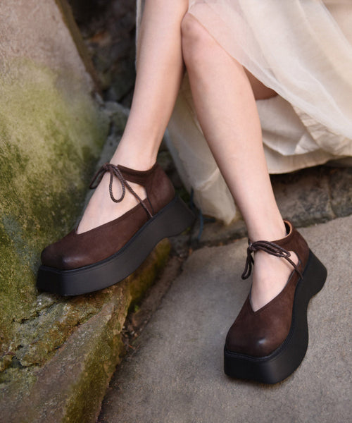 Design Original Platform Coffee Leather Cowhide Lace Shoes Up FashionChic
