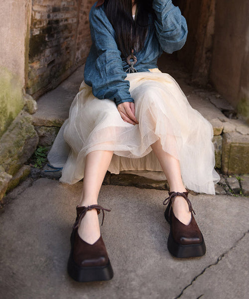 Design Original Platform Coffee Leather Cowhide Lace Shoes Up FashionChic