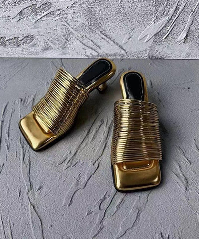 Original Design Gold Chunky Heel Slide Sandals Peep Toe OI080 shoe-LT240801