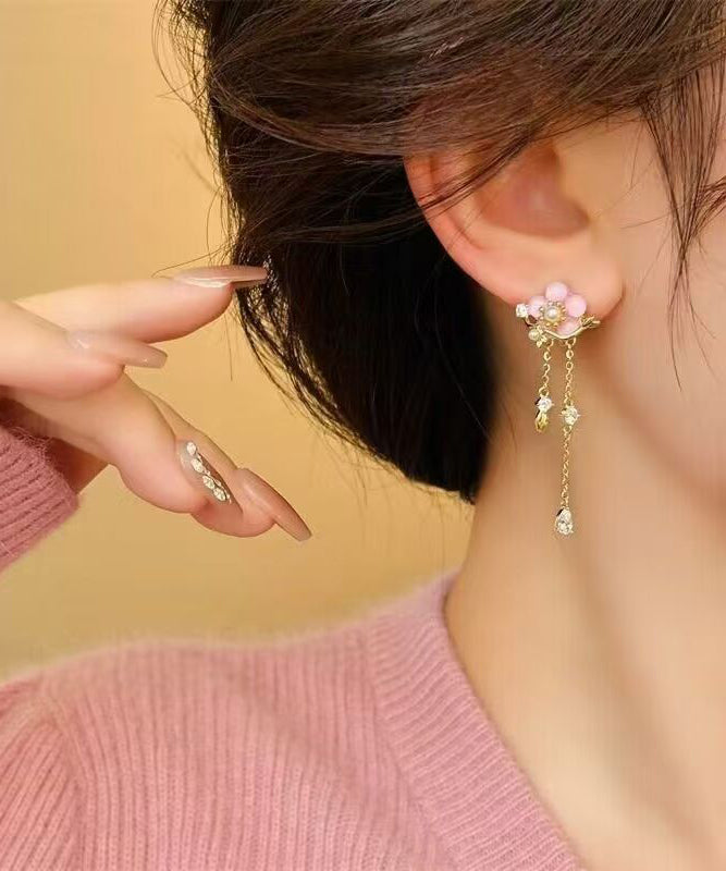 Original Design Gold Copper Alloy Zircon Pearl Resin Asymmetrical Floral Drop Earrings WH053 JEW-EAR241116