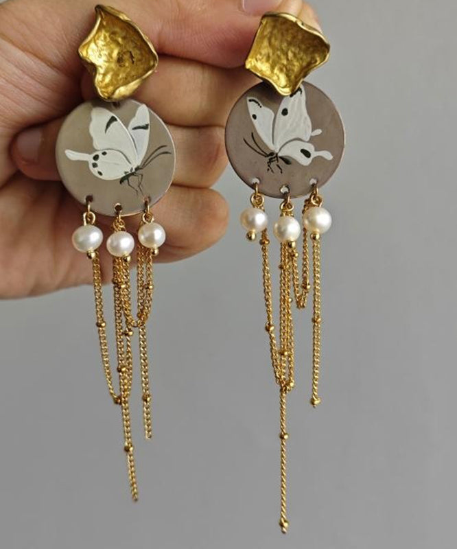 Original Design Gold Sterling Silver Overgild Pearl Butterfly Tassel Drop Earrings QJ016 JEW-EAR241021