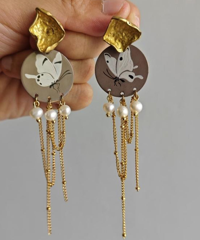 Original Design Gold Sterling Silver Overgild Pearl Butterfly Tassel Drop Earrings QJ016 JEW-EAR241021