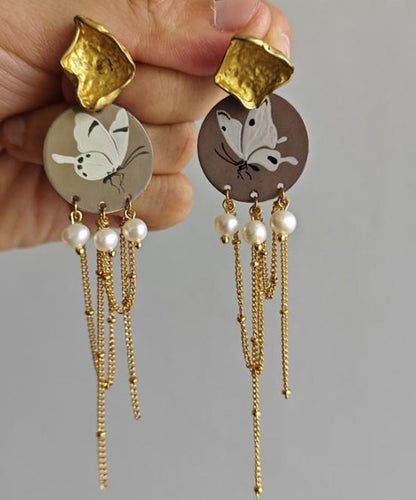 Original Design Gold Sterling Silver Overgild Pearl Butterfly Tassel Drop Earrings QJ016 JEW-EAR241021