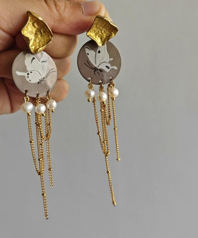 Original Design Gold Sterling Silver Overgild Pearl Butterfly Tassel Drop Earrings QJ016 JEW-EAR241021