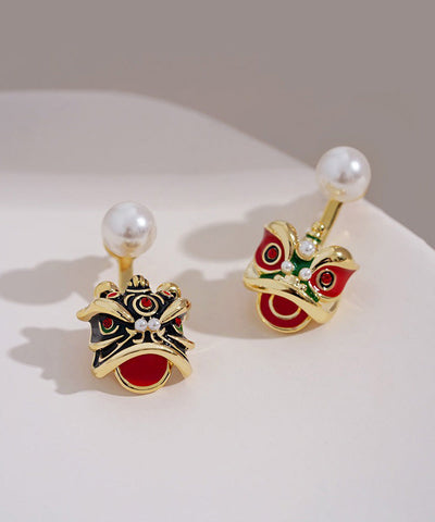 Original Design Gold Sterling Silver Overgild Pearl Lion Head Stud Earrings RA024 ABC