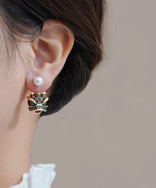 Original Design Gold Sterling Silver Overgild Pearl Lion Head Stud Earrings RA024 ABC