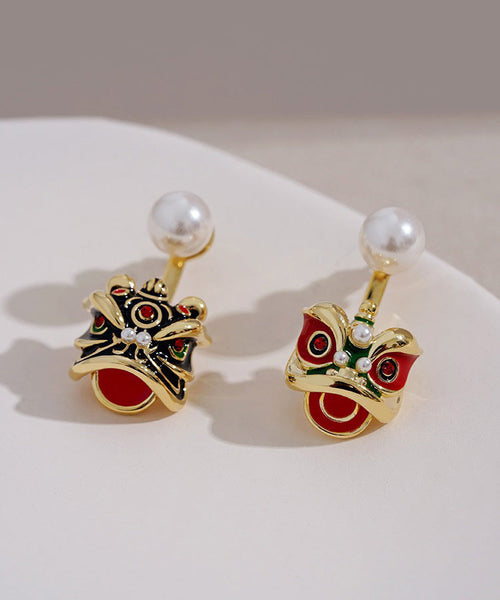 Original Design Gold Sterling Silver Overgild Pearl Lion Head Stud Earrings RA024 ABC