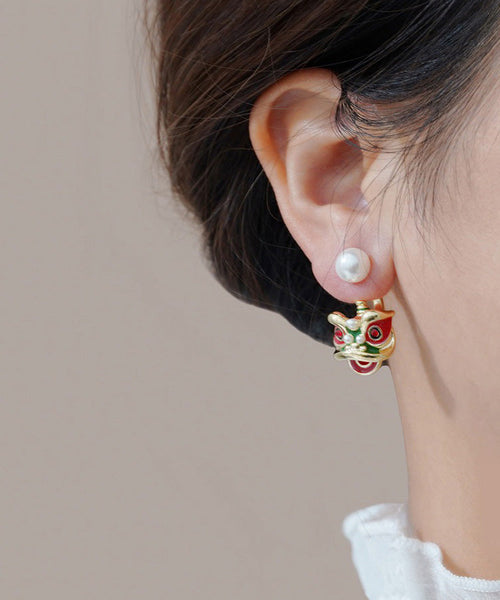 Original Design Gold Sterling Silver Overgild Pearl Lion Head Stud Earrings RA024 ABC