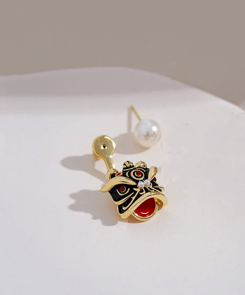 Original Design Gold Sterling Silver Overgild Pearl Lion Head Stud Earrings RA024 ABC