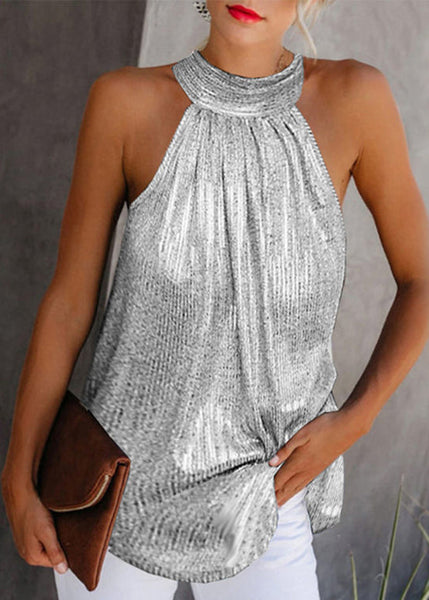 Original Top Gold Wrinkled Design Sleeveless Turtleneck FashionChic