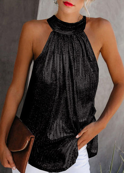 Original Top Gold Wrinkled Design Sleeveless Turtleneck FashionChic