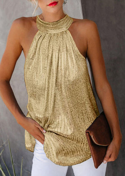Original Top Gold Wrinkled Design Sleeveless Turtleneck FashionChic
