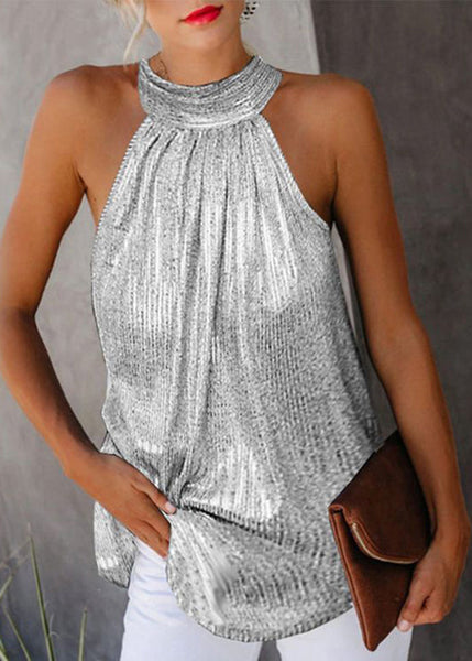Original Top Gold Wrinkled Design Sleeveless Turtleneck FashionChic