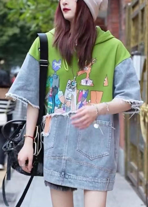 Original Design Green Cartoon Print Denim Patchwork Hooded Tops Summer BV039 MZF-STP240702