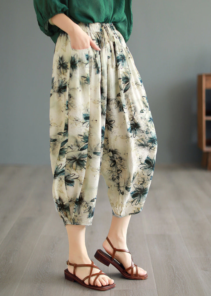 Original Design Green Pockets Print Linen Crop Pants Summer BV058 MZF-CPTS240702