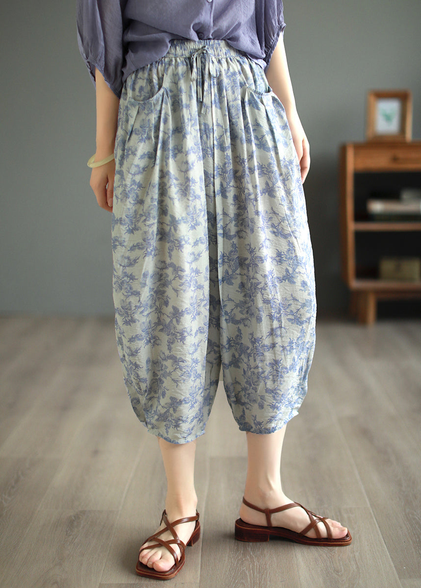 Original Design Green Pockets Print Linen Crop Pants Summer BV058 MZF-CPTS240702