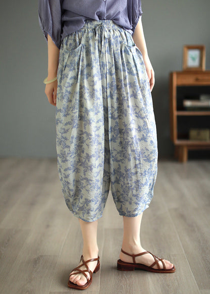 Original Design Green Pockets Print Linen Crop Pants Summer BV058 MZF-CPTS240702