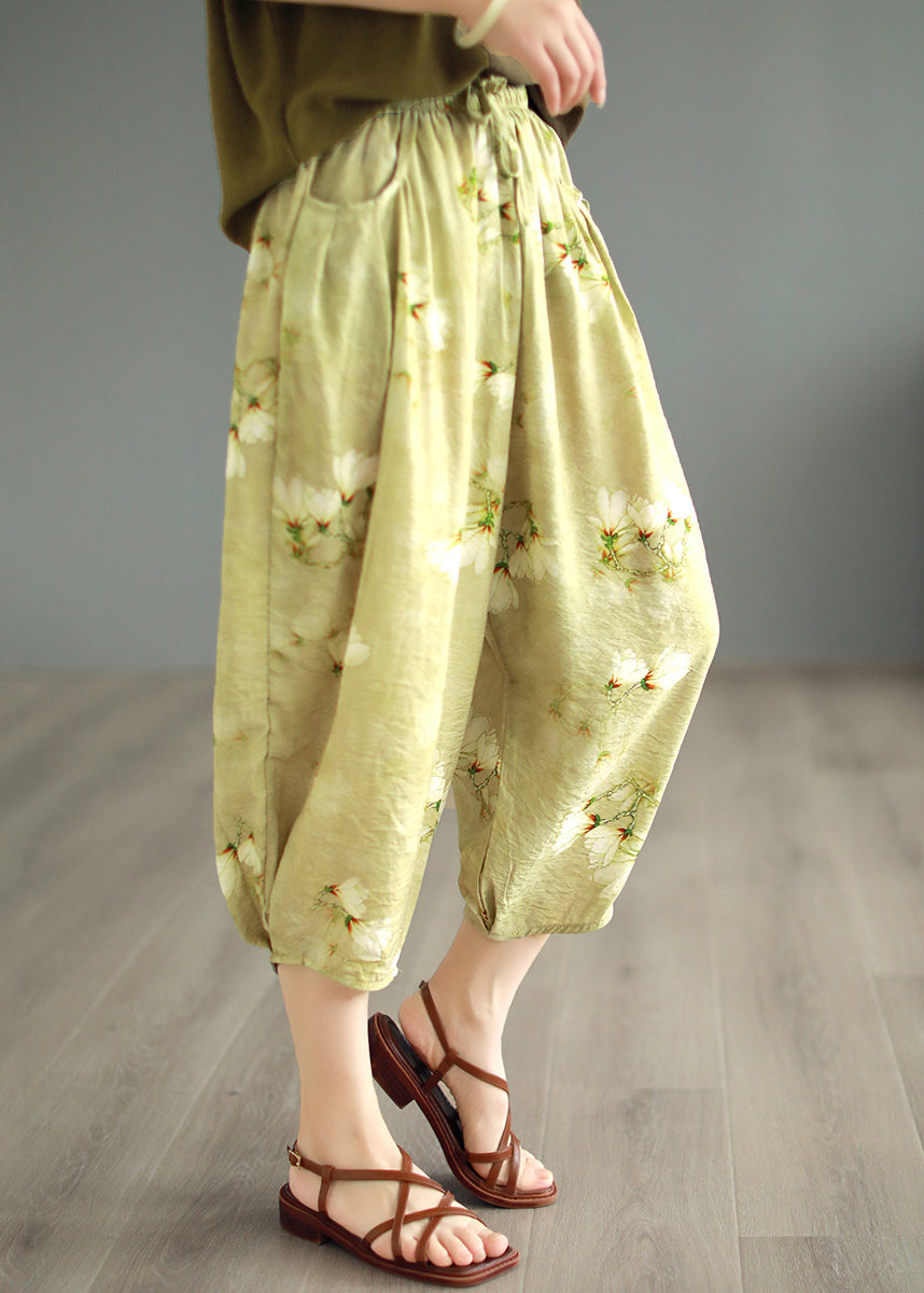 Original Design Green Pockets Print Linen Crop Pants Summer BV058 MZF-CPTS240702