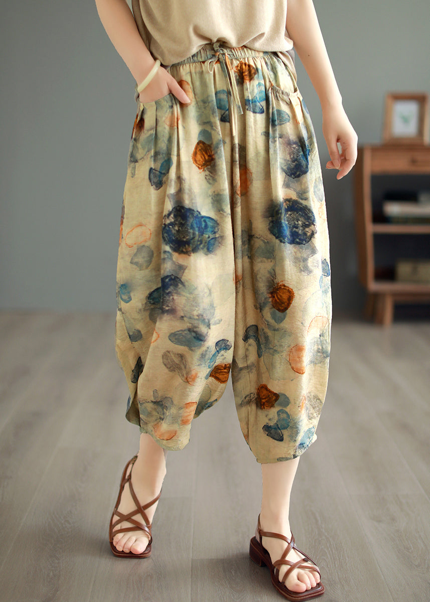 Original Design Green Pockets Print Linen Crop Pants Summer BV058 MZF-CPTS240702