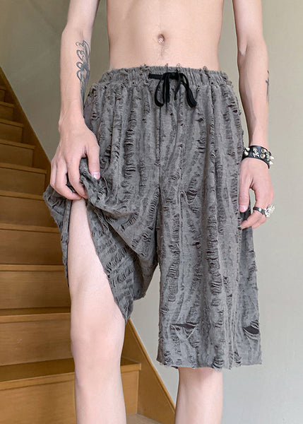 Grey Original Shorts Cotton Summer Mens Hole Elastic Waist Design FashionChic