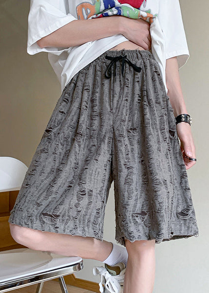 Grey Original Shorts Cotton Summer Mens Hole Elastic Waist Design FashionChic