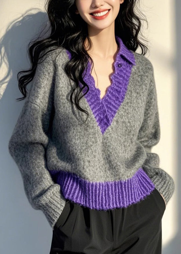 Original Design Grey V Neck Patchwork Knit Pullover Spring TN043 ABC