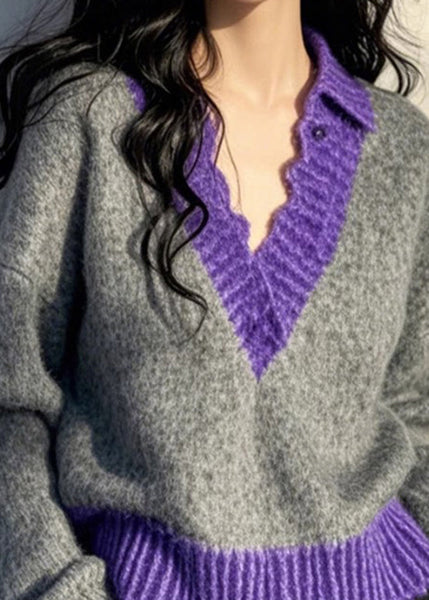 Original Design Grey V Neck Patchwork Knit Pullover Spring TN043 ABC