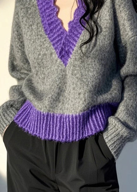 Original Design Grey V Neck Patchwork Knit Pullover Spring TN043 ABC