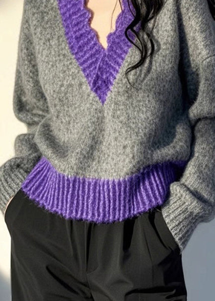 Original Design Grey V Neck Patchwork Knit Pullover Spring TN043 ABC