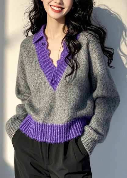 Original Design Grey V Neck Patchwork Knit Pullover Spring TN043 ABC