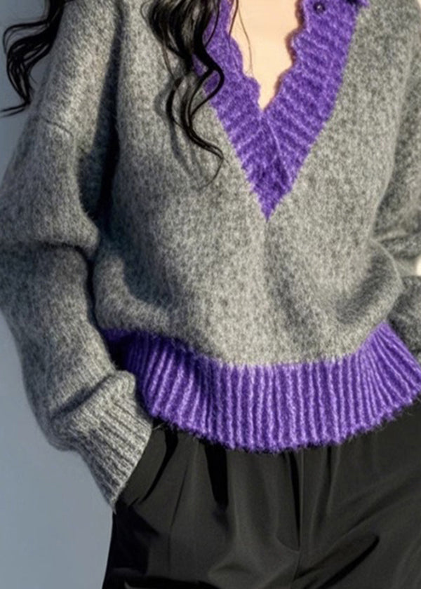 Original Design Grey V Neck Patchwork Knit Pullover Spring TN043 ABC