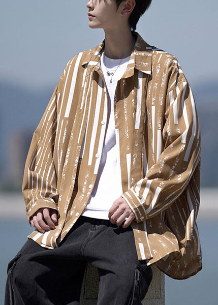 Design Collar Pan Striped Shirts Peter Men Original Khaki Cotton FashionChic