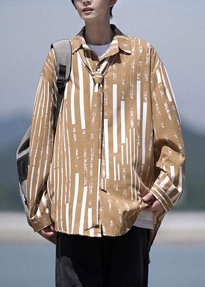 Design Collar Pan Striped Shirts Peter Men Original Khaki Cotton FashionChic