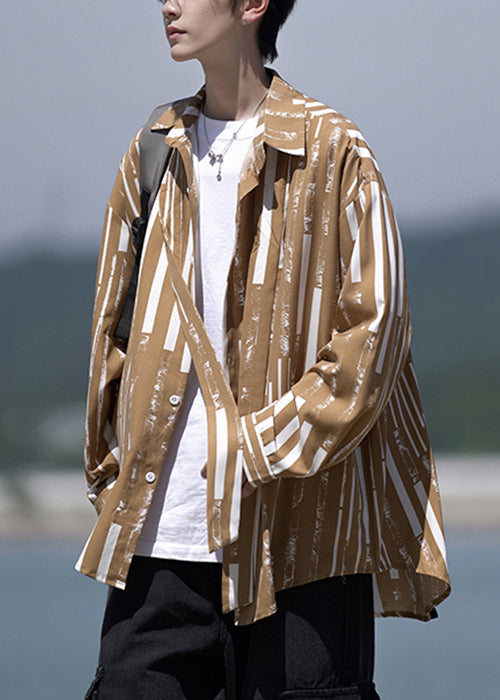 Design Collar Pan Striped Shirts Peter Men Original Khaki Cotton FashionChic