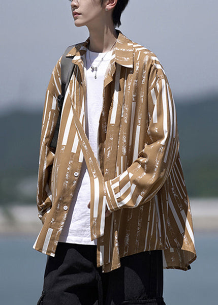 Design Collar Pan Striped Shirts Peter Men Original Khaki Cotton FashionChic