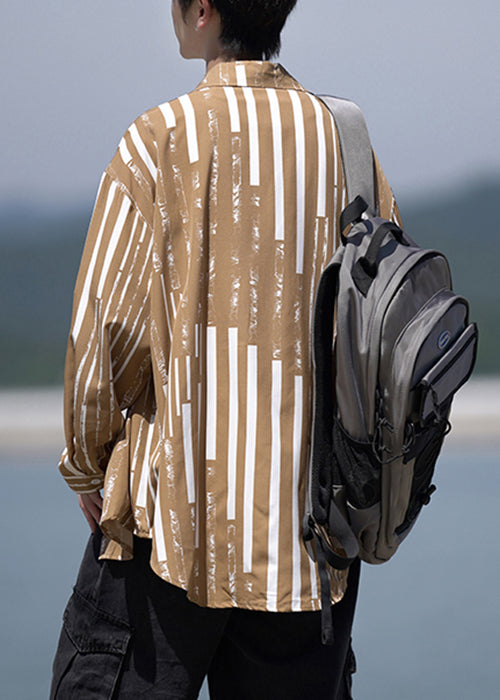 Design Collar Pan Striped Shirts Peter Men Original Khaki Cotton FashionChic