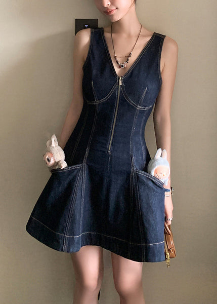 Denim Zippered Original Design Neck Mini V Dresses Navy FashionChic