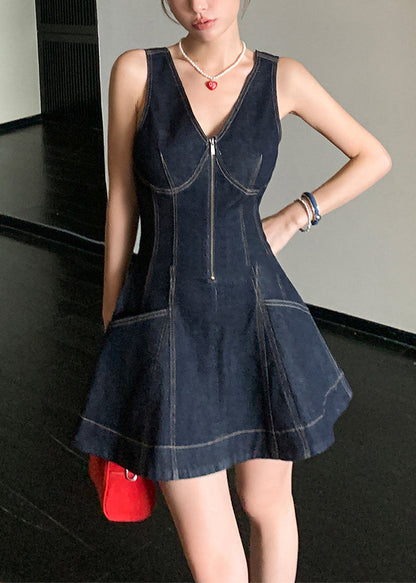 Denim Zippered Original Design Neck Mini V Dresses Navy FashionChic
